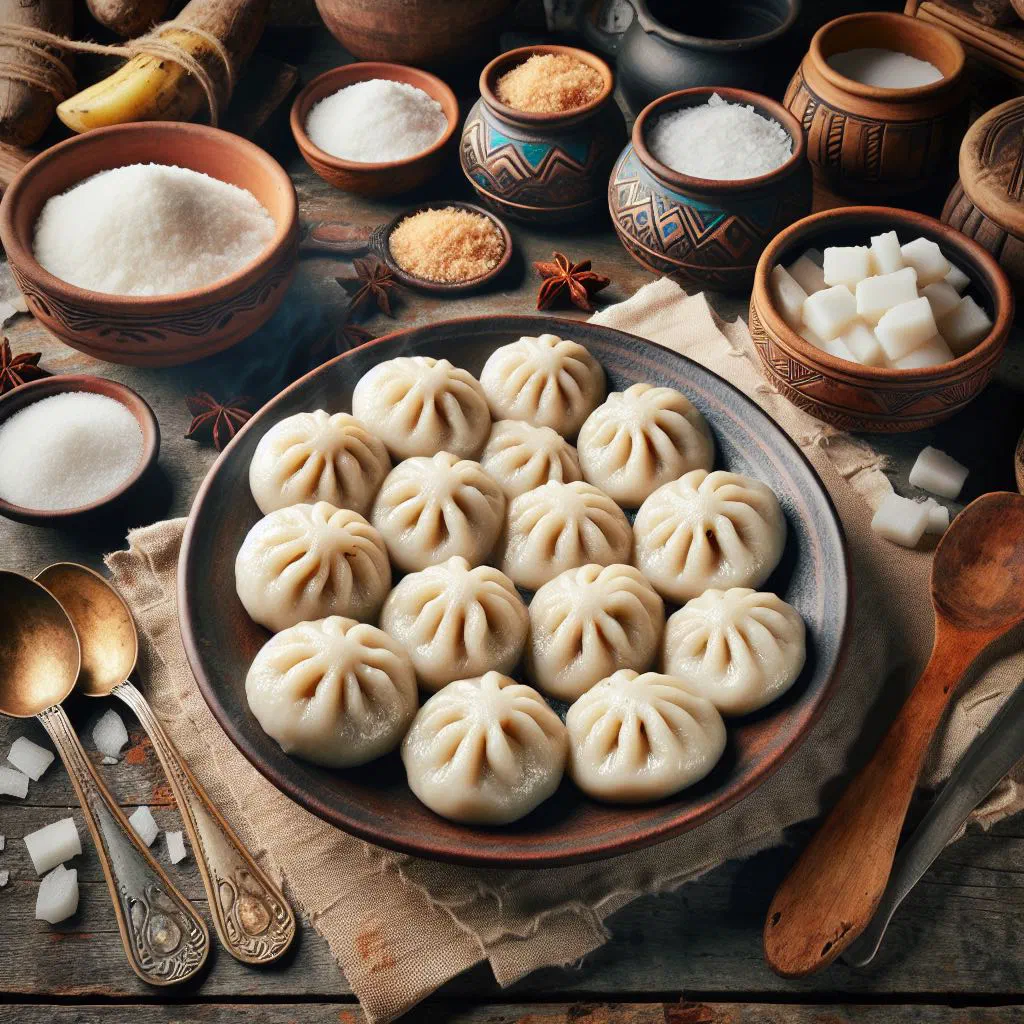 Freshly boiled cassava dumplings on a plate garnished with herbs