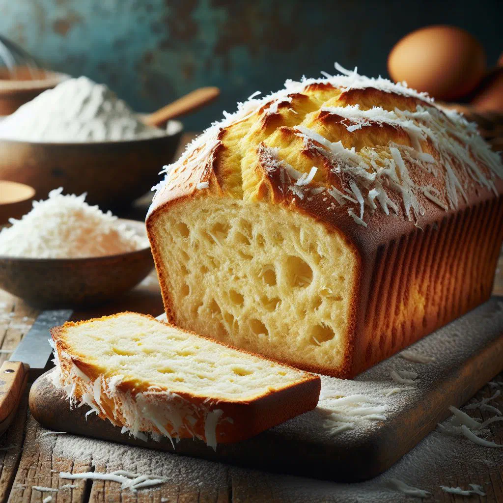 Sliced golden coconut bread on a wooden board