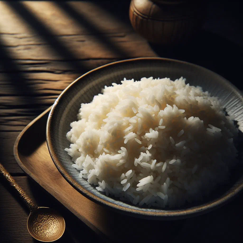 A bowl of fluffy coconut rice garnished with fresh herbs