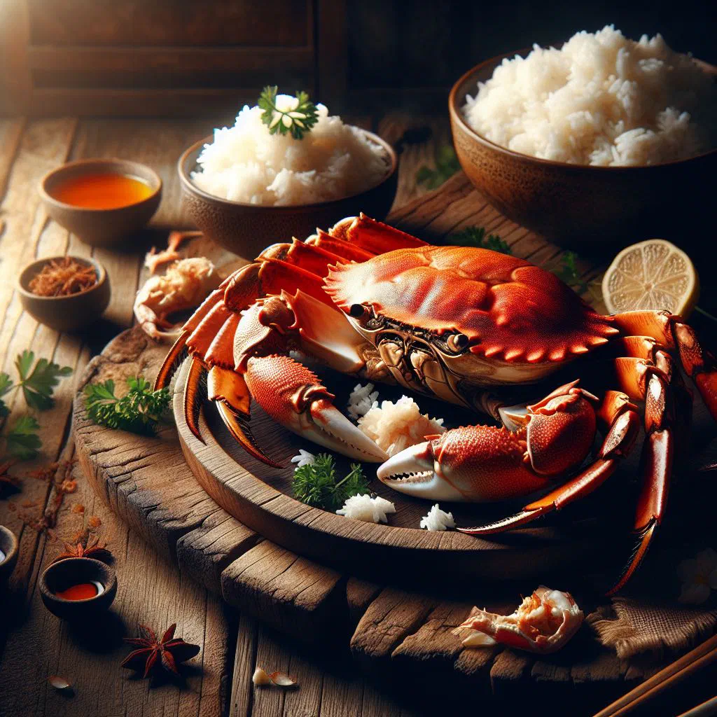Bowl of Bajan crab and rice garnished with fresh herbs and lime