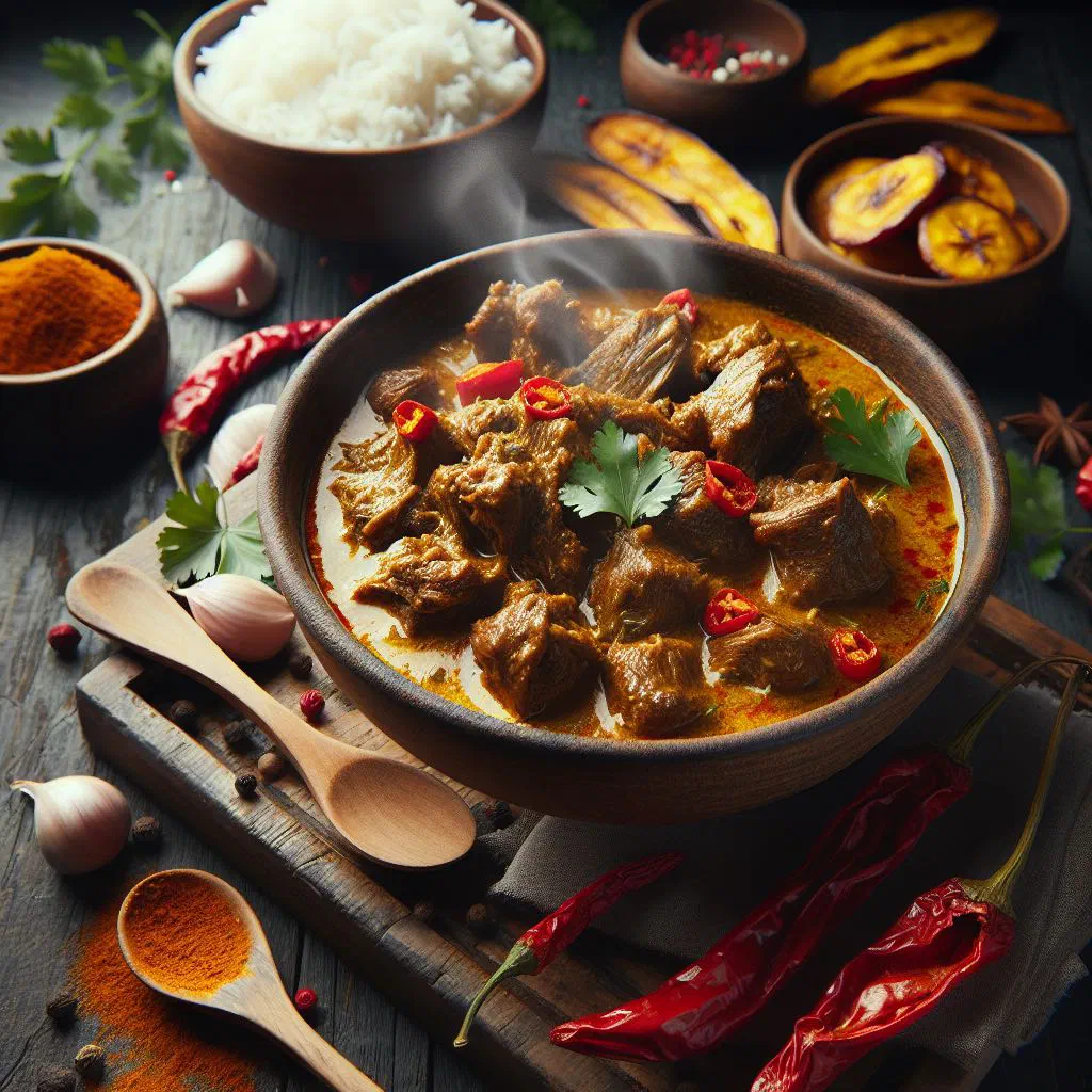 Bowl of Bajan curry goat in a rich coconut sauce, garnished with fresh herbs