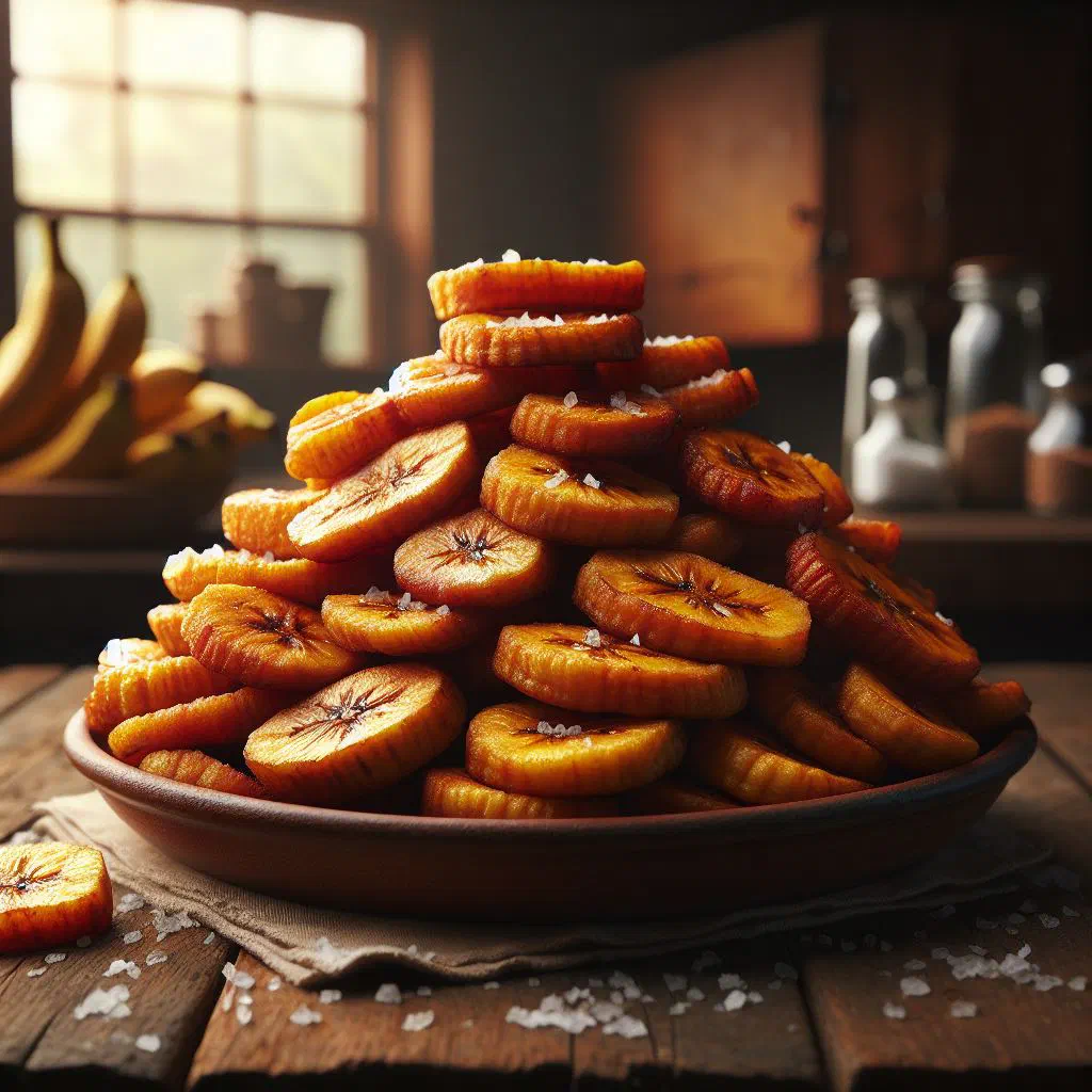 Golden fried plantain slices on a plate, crisp on the outside and soft within