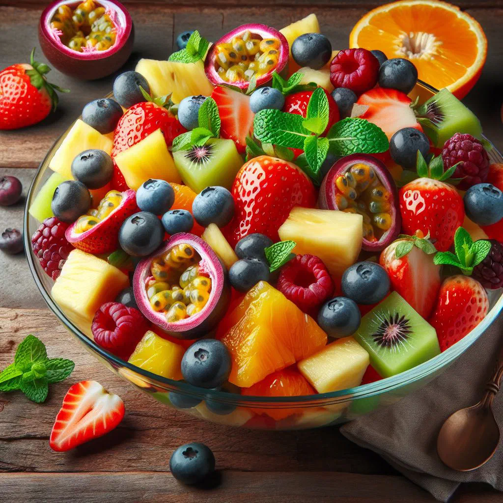 Bowl of tropical fruit salad with mango, pineapple and mint
