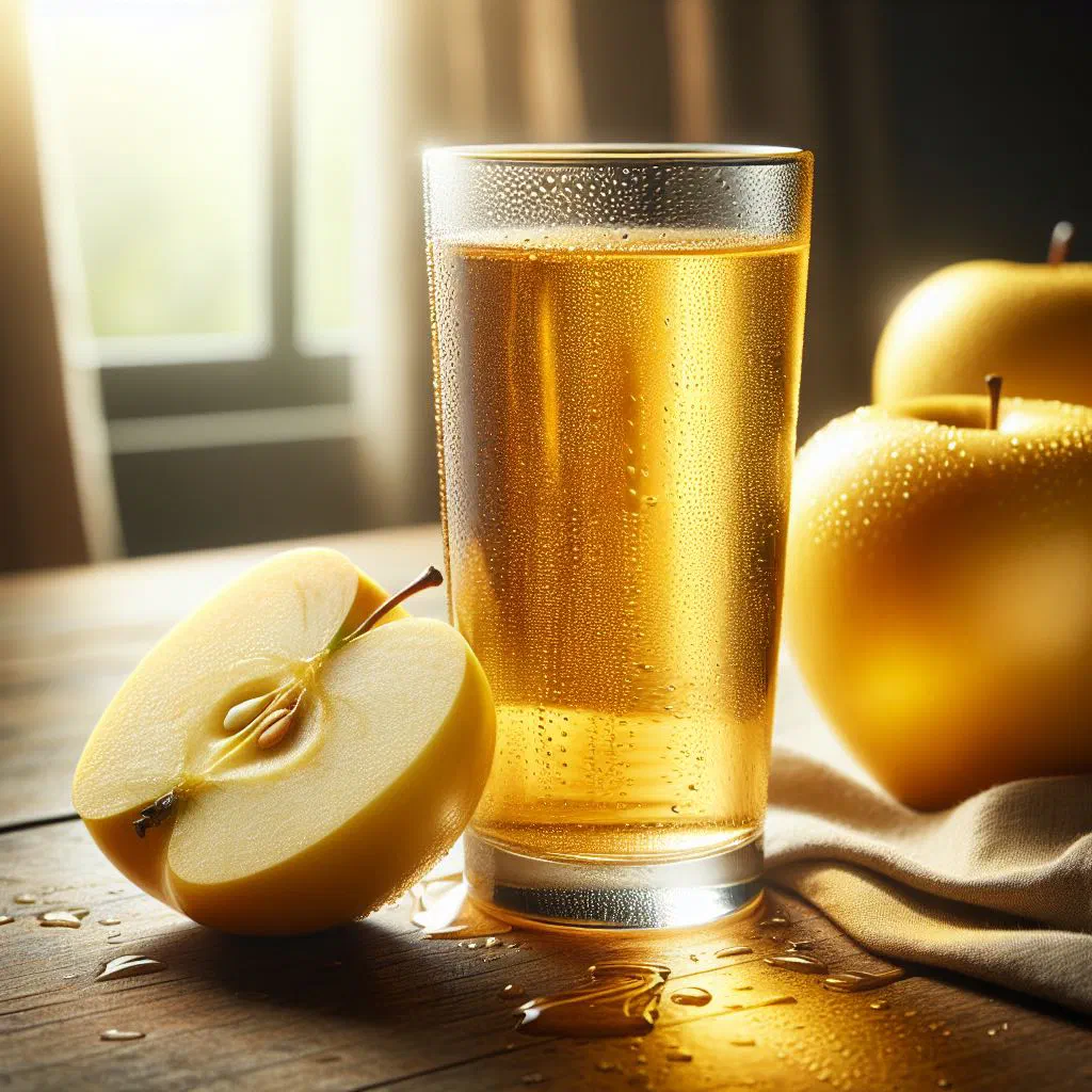 A glass of golden apple juice garnished with mint and lime