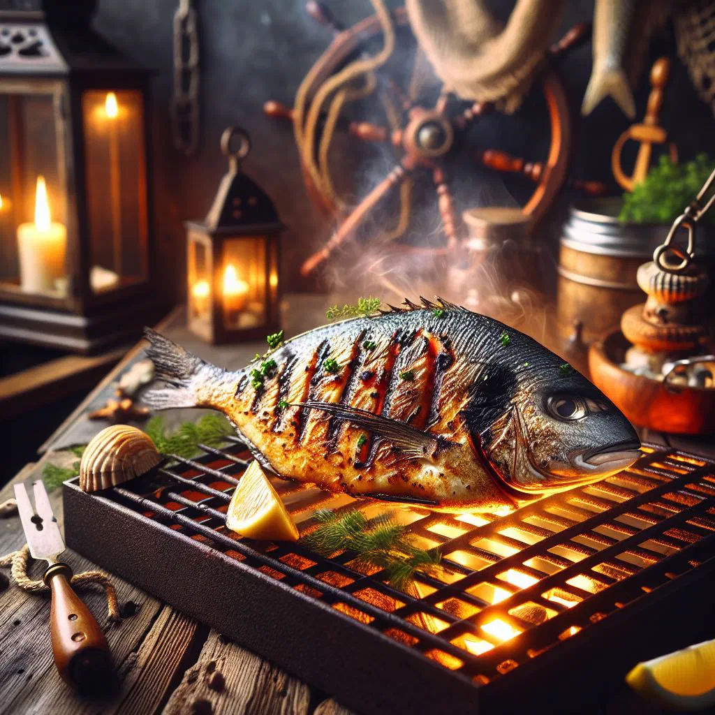 Grilled fish fillet garnished with fresh herbs and lime