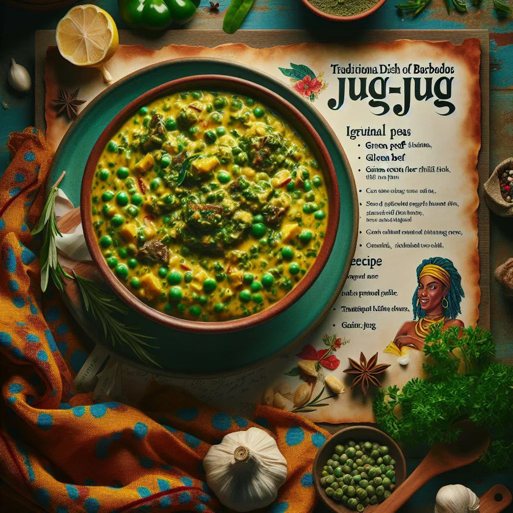 Bowl of Bajan jug-jug with tender meat, green peas and herbs