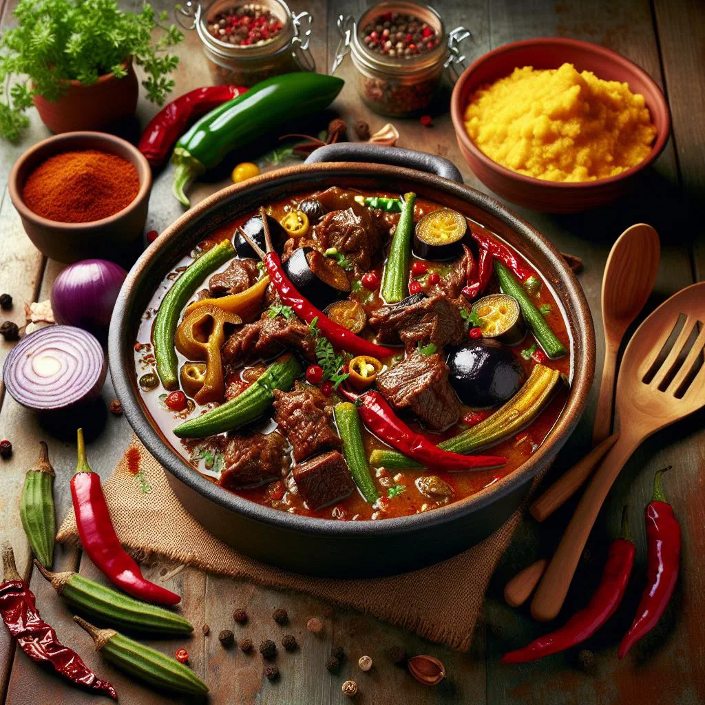 Rich, dark Barbadian pepperpot stew with tender braised meat in a bowl