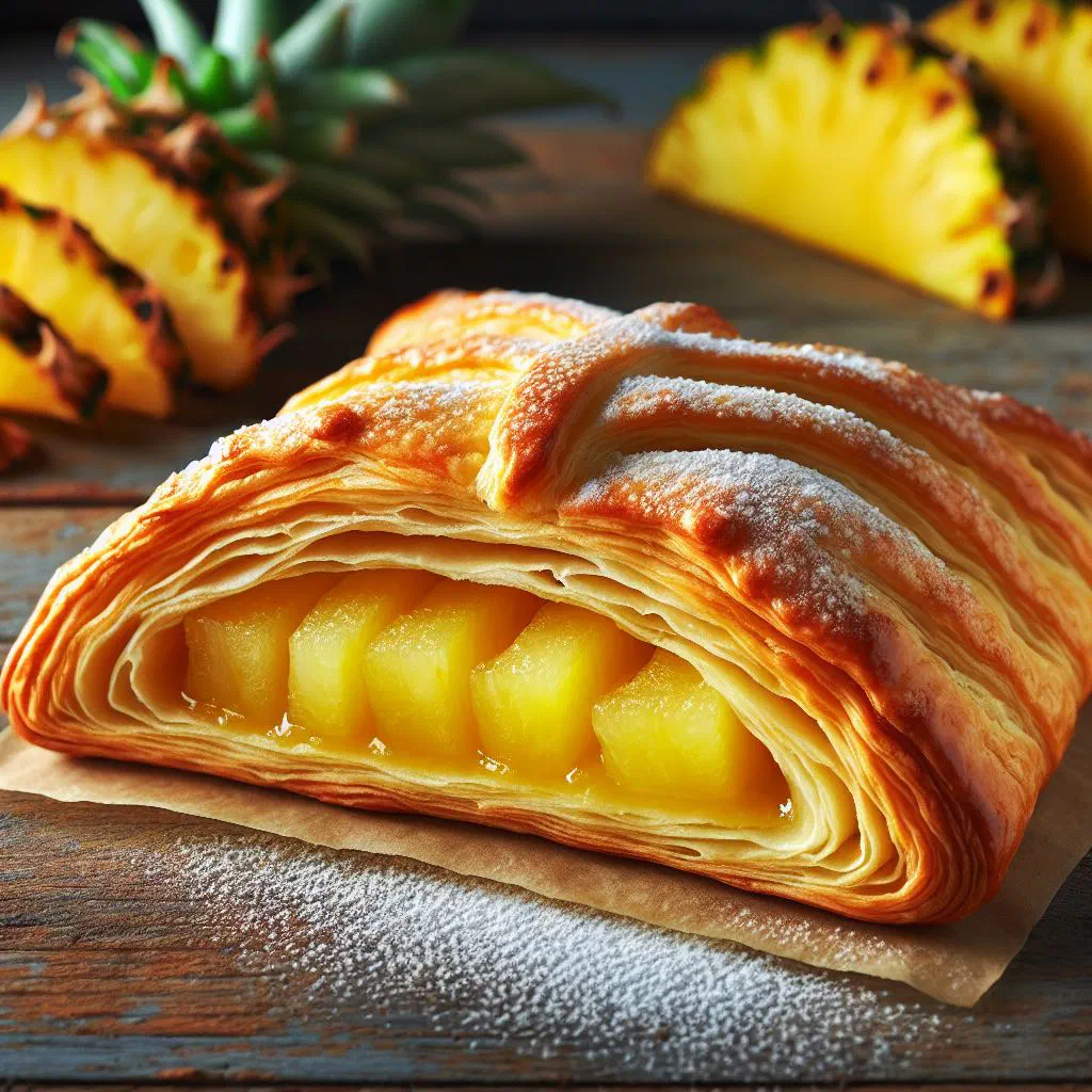 Golden baked pineapple turnovers dusted with sugar on a plate