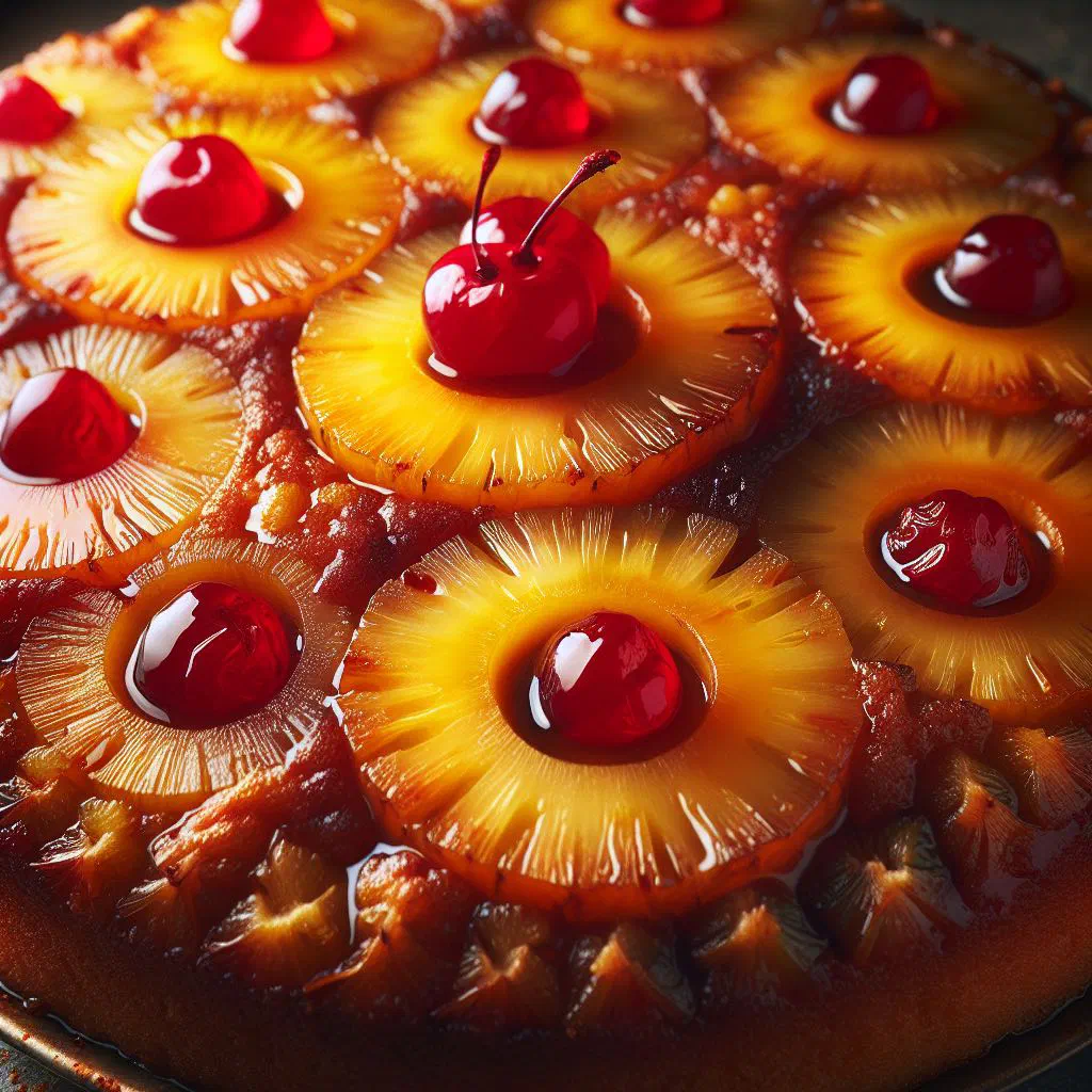 Golden pineapple upside-down cake topped with caramelised pineapple rings