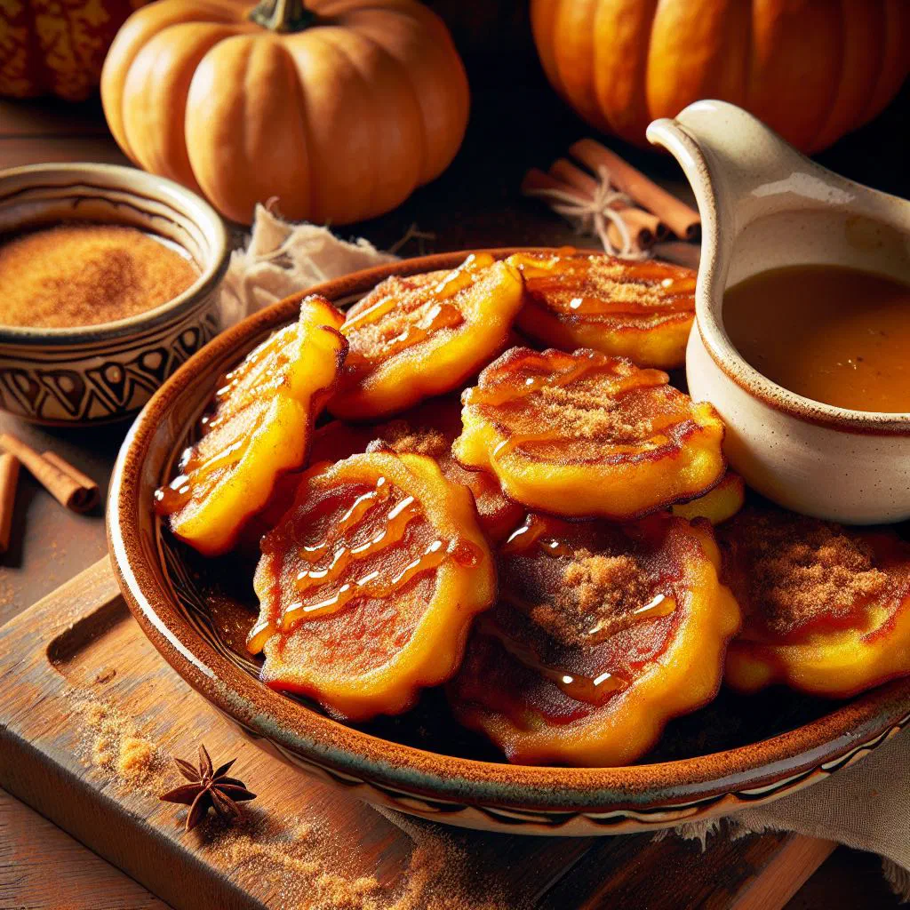 Golden-brown pumpkin fritters piled on a plate with a dipping sauce