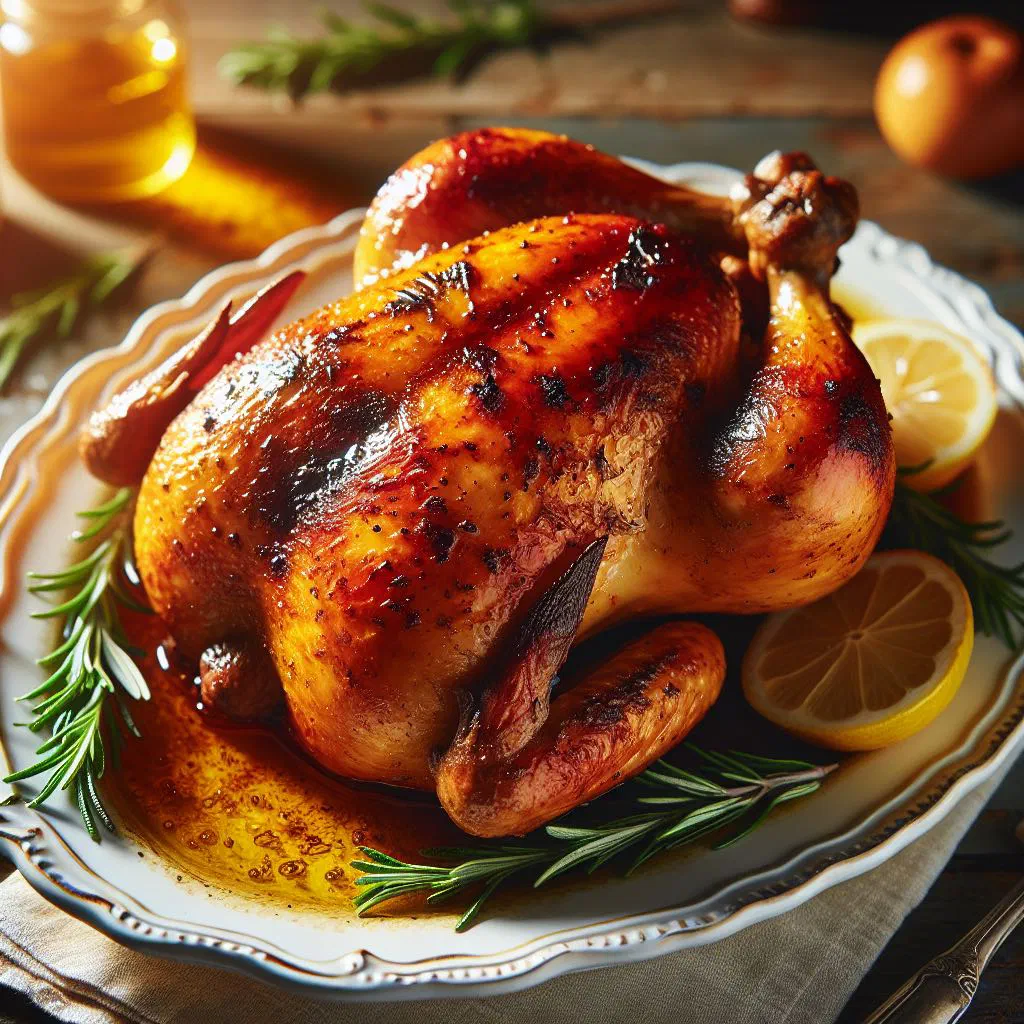 Golden roast chicken seasoned with Caribbean spices and fresh lime