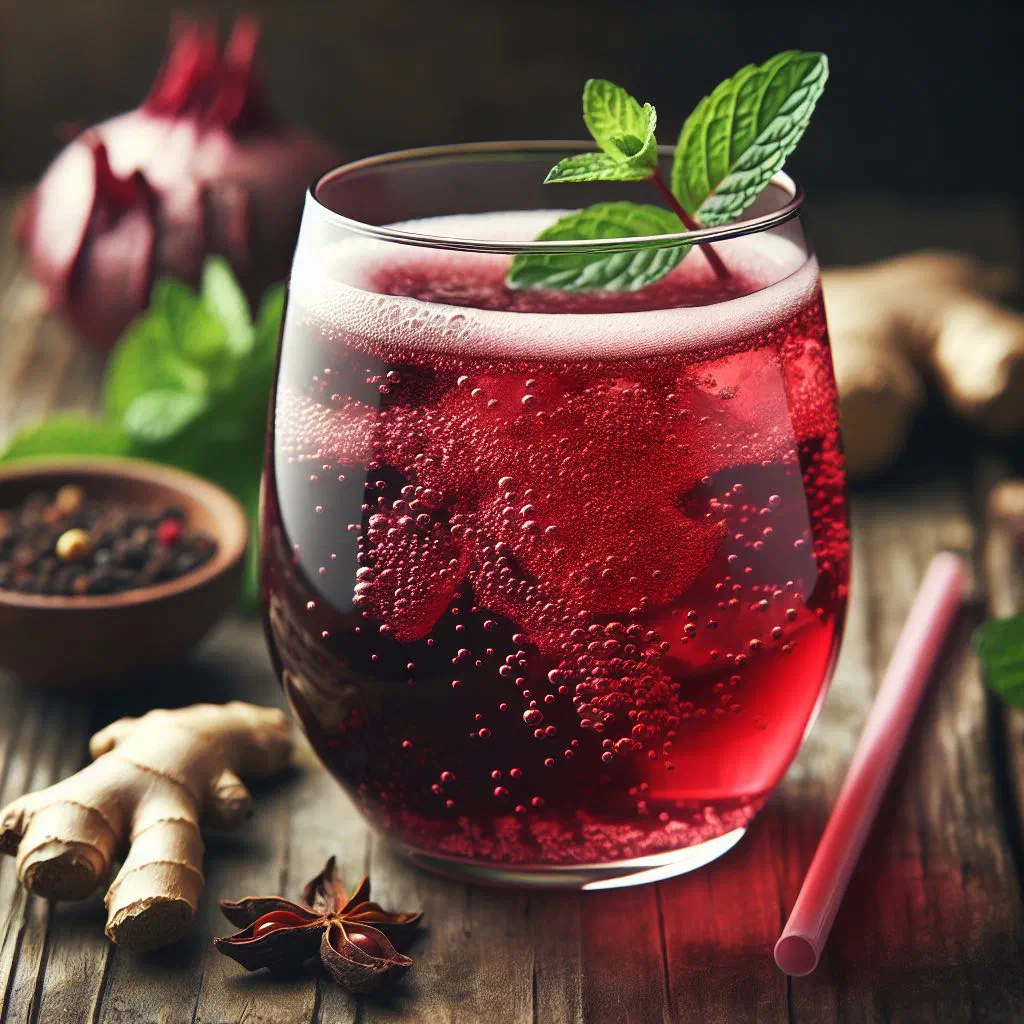 A glass of deep-red sorrel punch garnished with cinnamon and ice