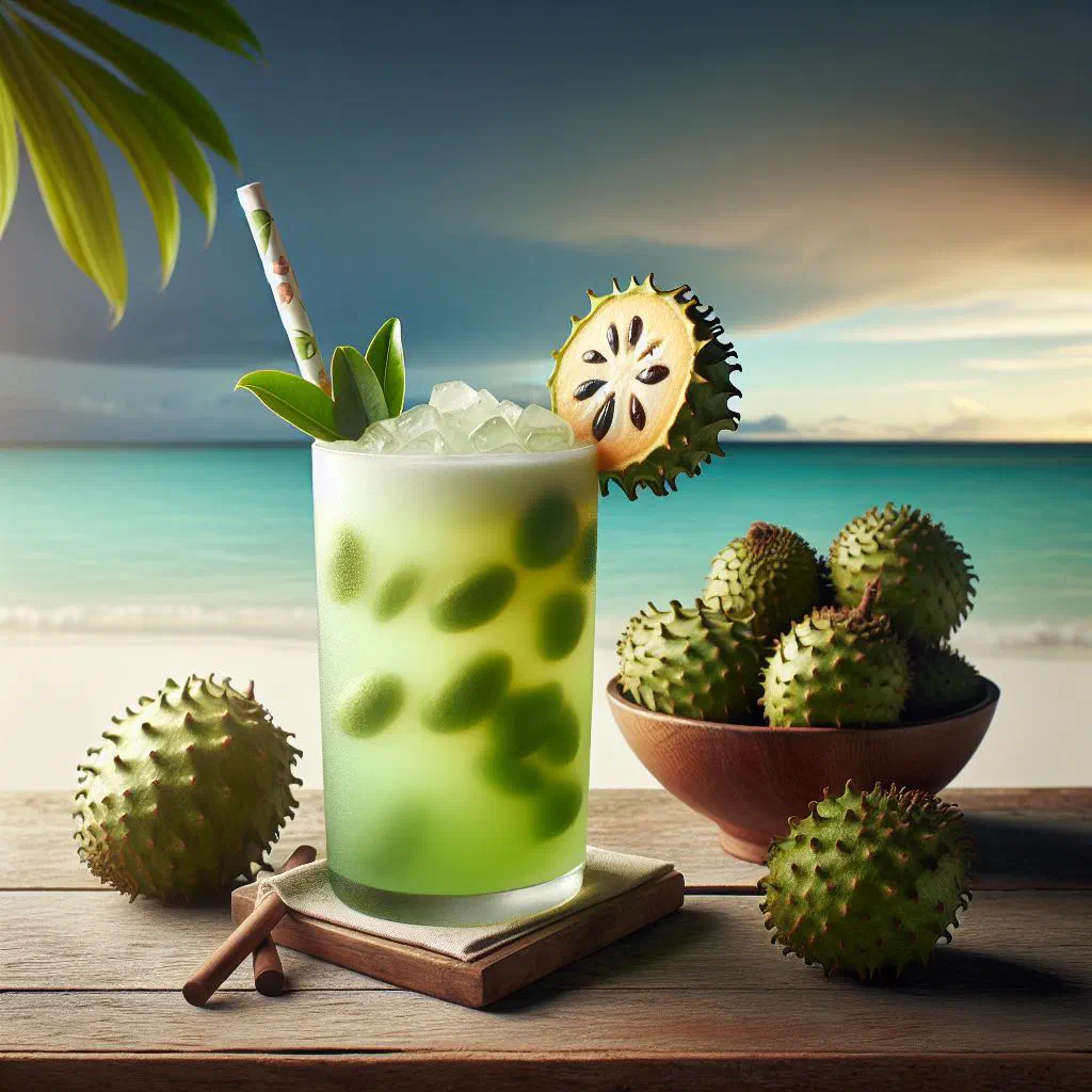 Creamy soursop punch served over ice with fresh mint