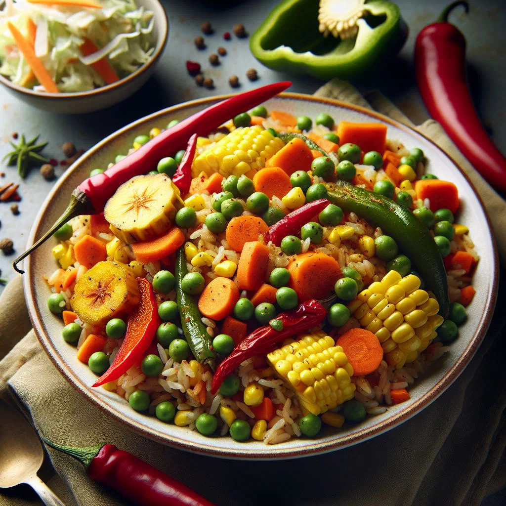 Colourful vegetable pelau with rice, carrots and peppers in a bowl