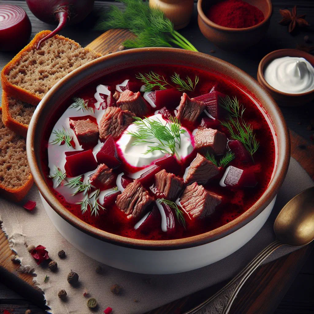 Deep red borscht with beef, garnished with soured cream and parsley