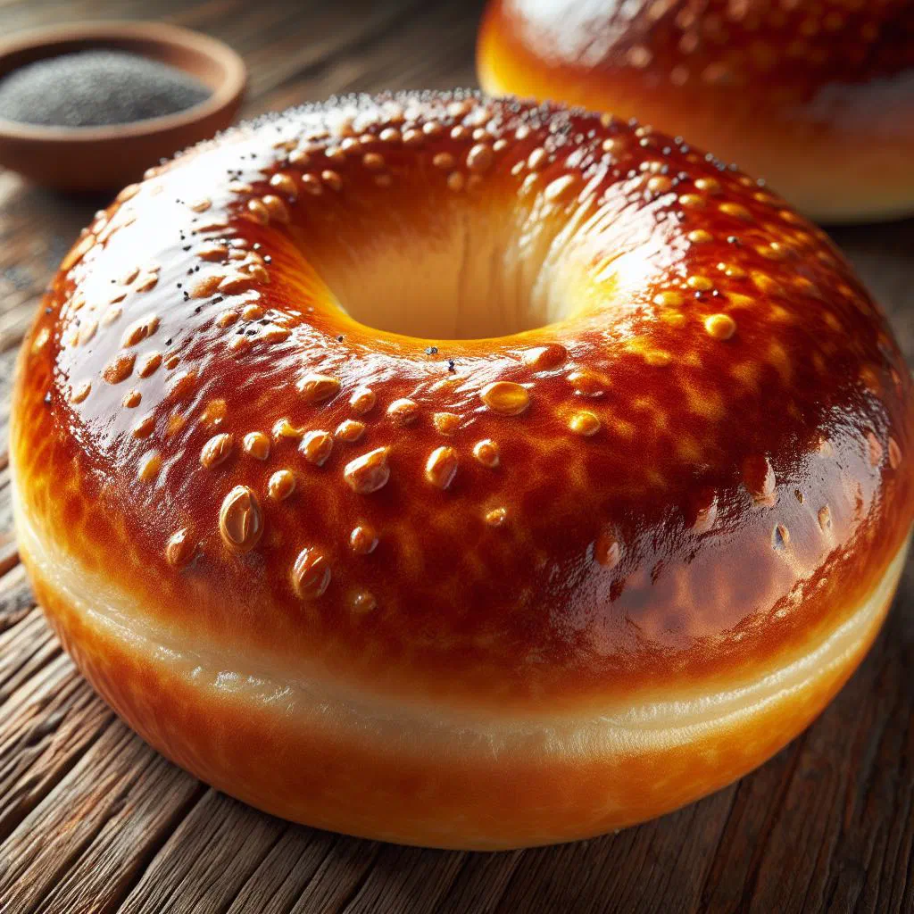 Golden baked bublik bread rings stacked on a wooden board