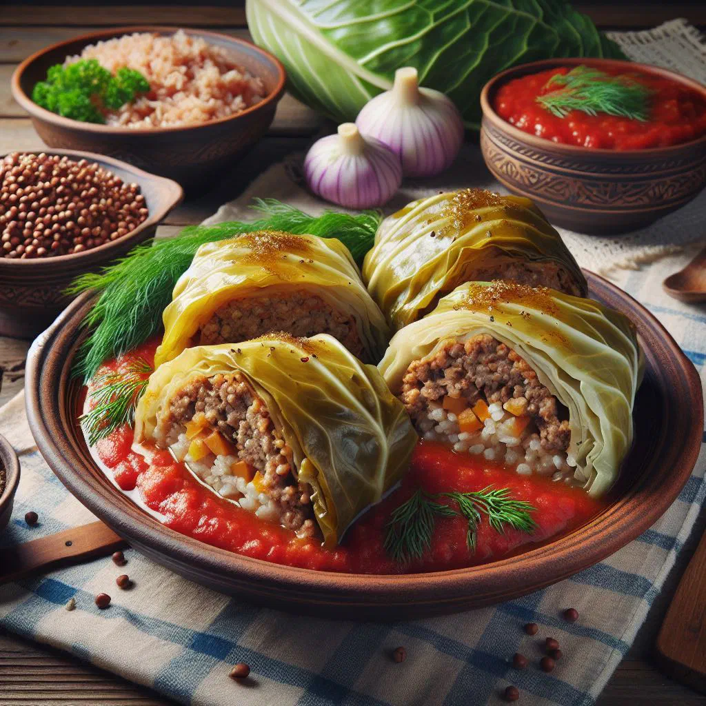 Braised cabbage rolls in tomato sauce with a spoonful of soured cream