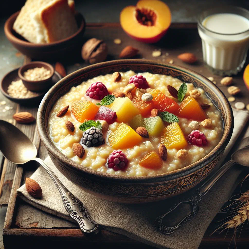 Creamy buckwheat kasha topped with honey, walnuts and dried fruit