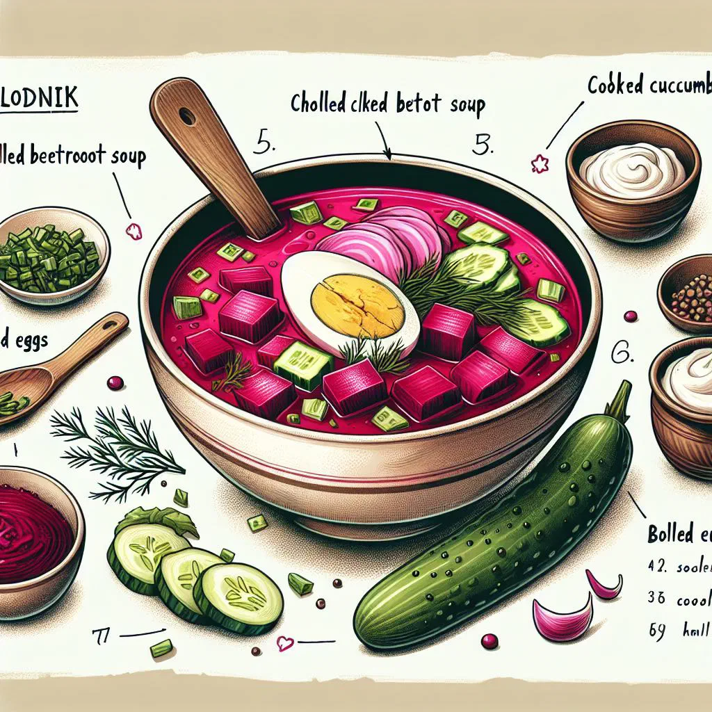Bright pink chilled beetroot soup with cucumber, dill and spring onions