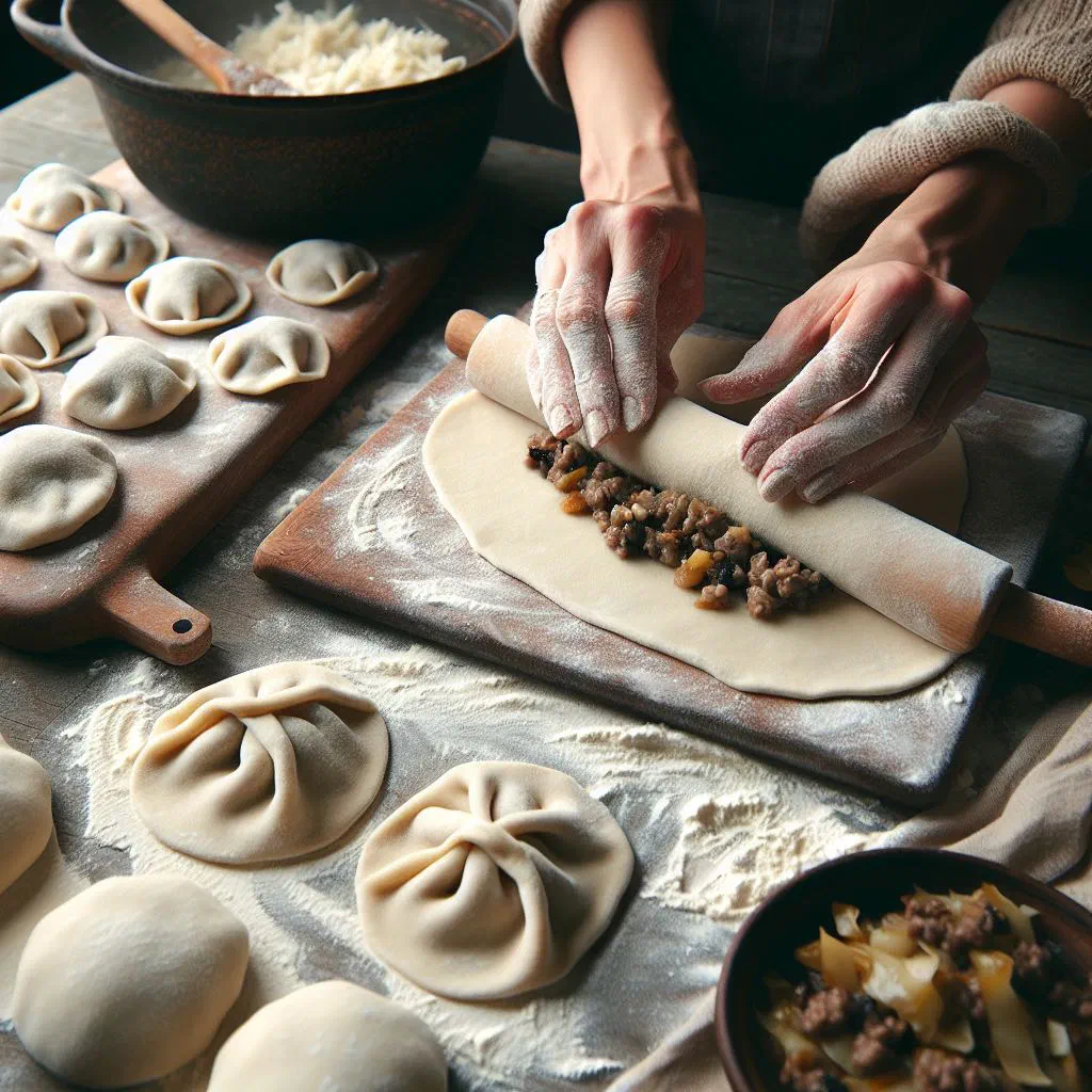 Golden pan-fried kalduny dumplings served with sour cream and fresh dill