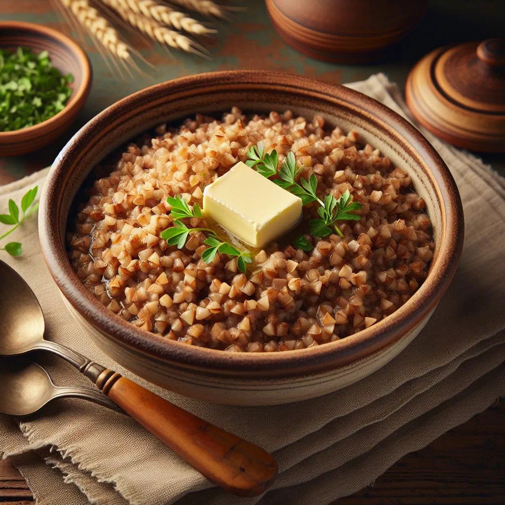Bowl of Belarusian buckwheat kasha topped with butter and herbs
