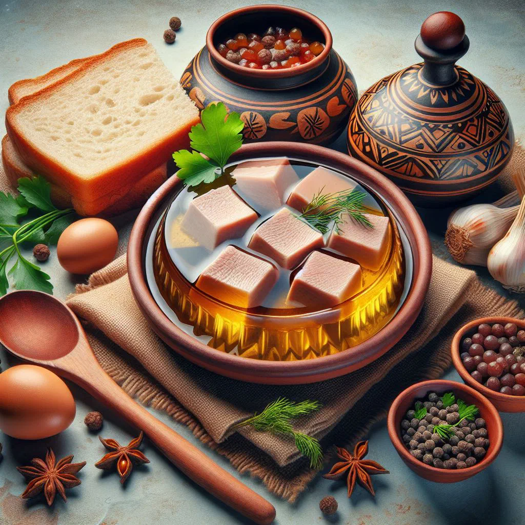 Sliced kholodets meat jelly on a platter with mustard and fresh dill