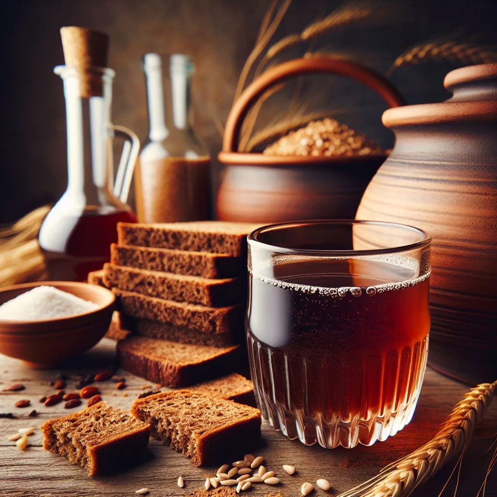Chilled glass of kvas with rye bread and raisins