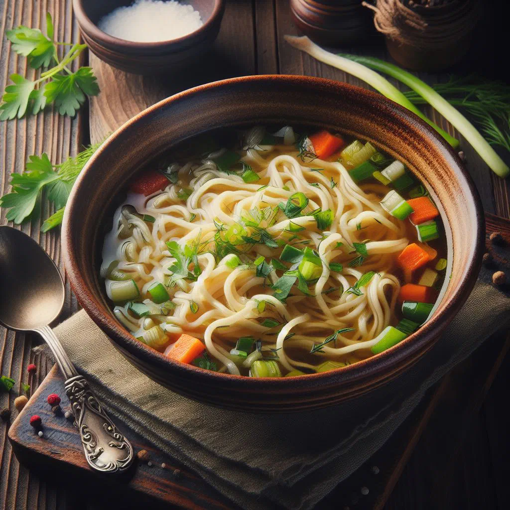 Bowl of handmade Belarusian lapsha noodles garnished with fresh parsley
