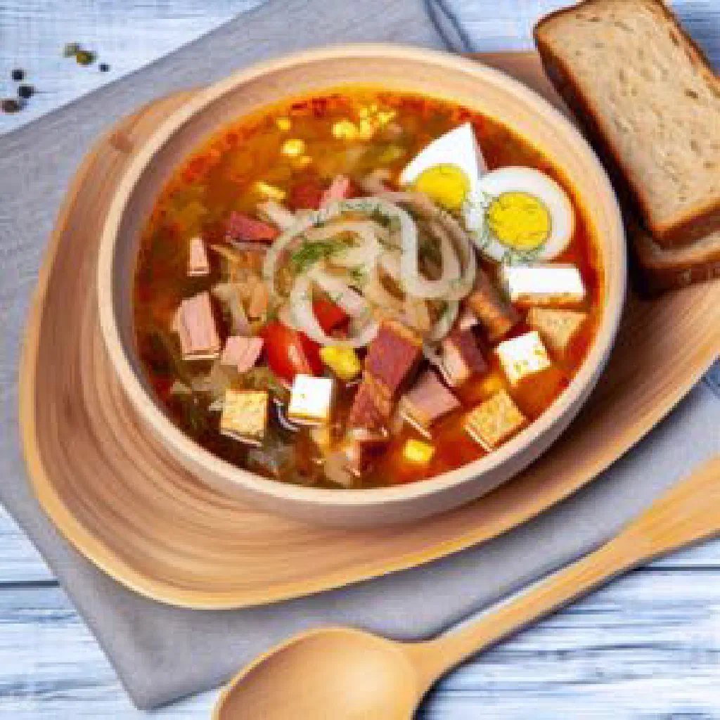 Bowl of hearty Belarusian Lukashenka soup with potatoes, carrots and fresh dill