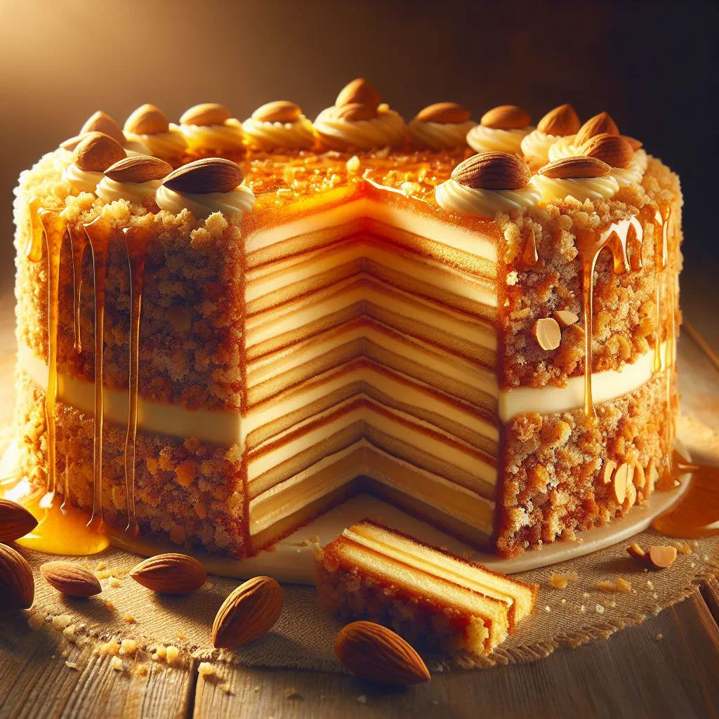 Sliced medovik honey layer cake with soured cream filling