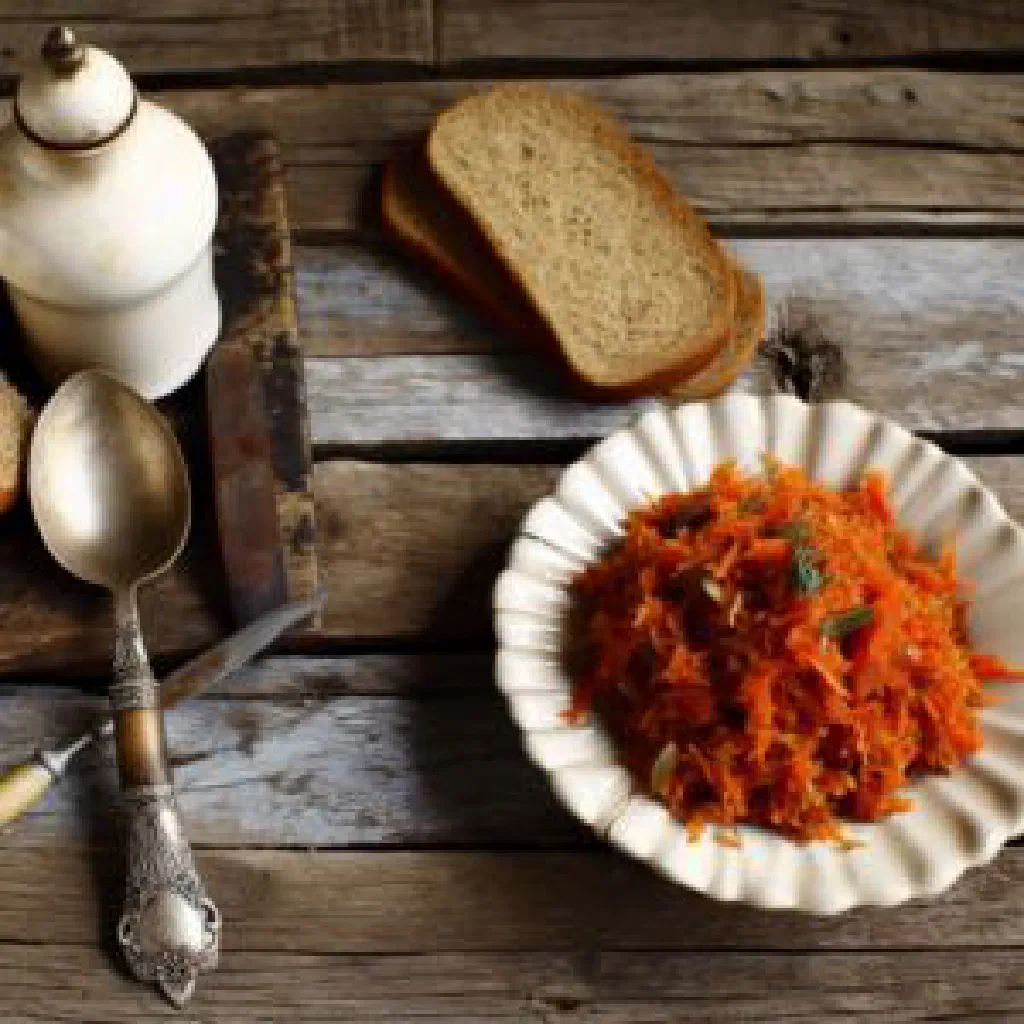 Shredded carrot salad with garlic and fresh herbs in a bowl