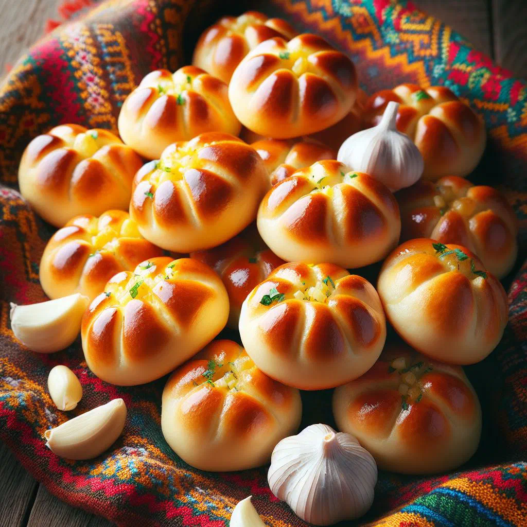 Golden baked pampushki buns brushed with butter on a wooden board