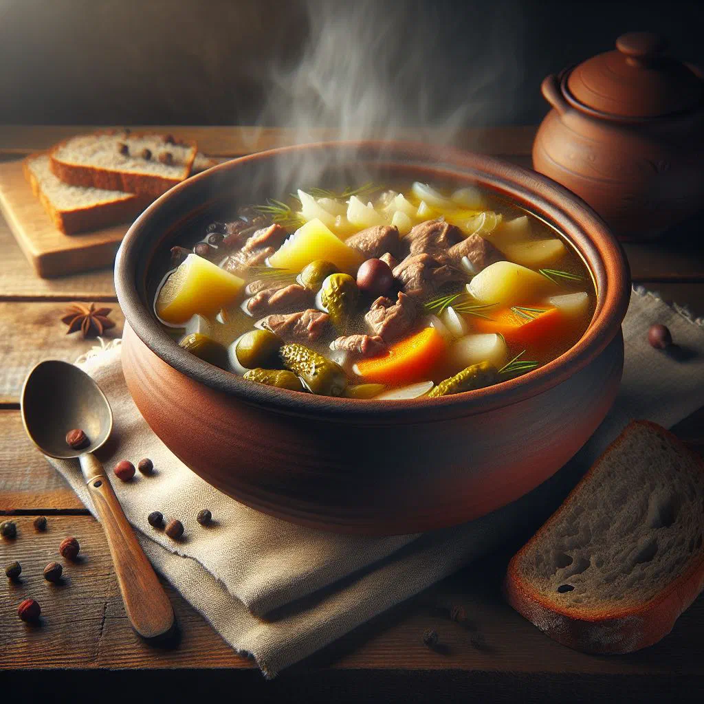 Bowl of Belarusian rasolnik stew with soured cream and fresh dill