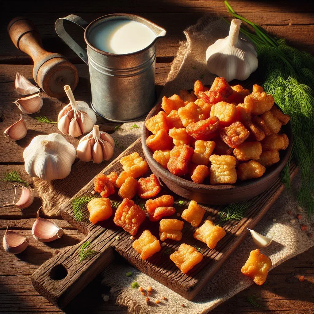 Golden crispy pork belly cubes served in a rustic bowl