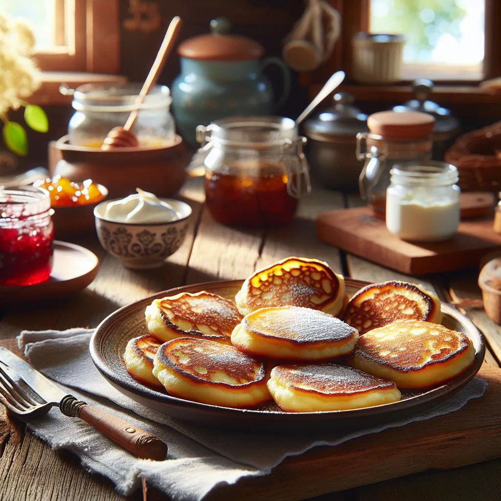 Golden curd cheese pancakes dusted with icing sugar and served with berries