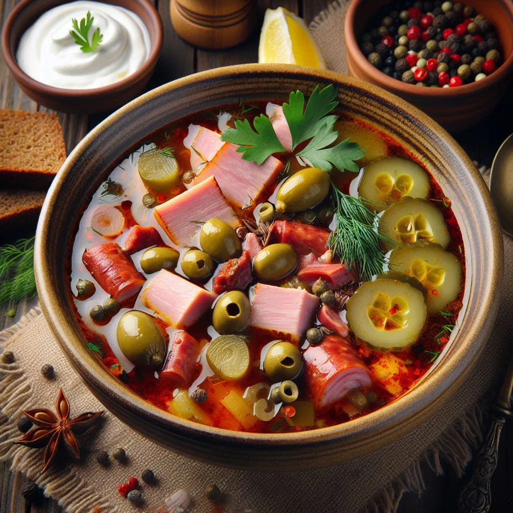Bowl of hearty solyanka soup with meat, olives and fresh dill