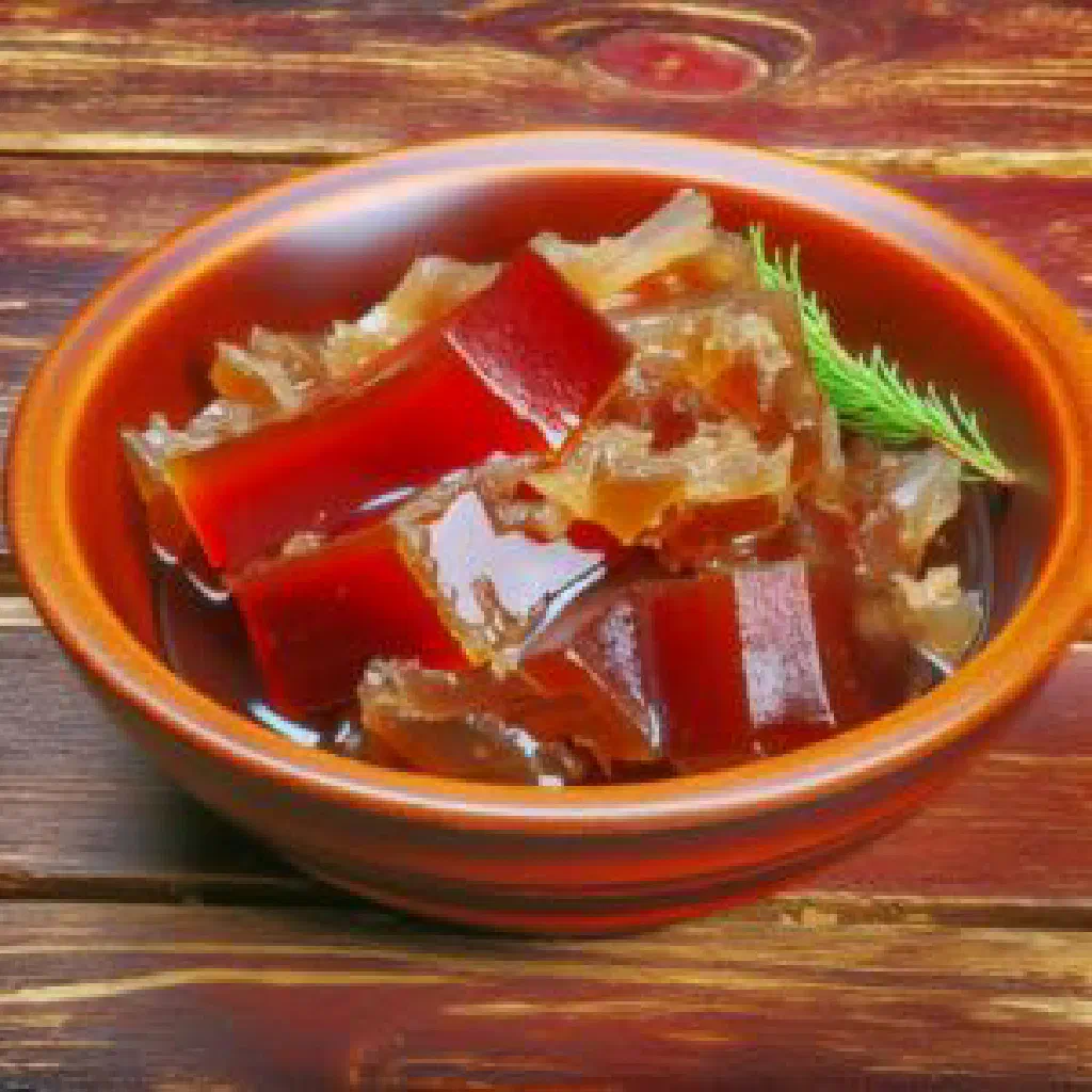 Sliced studen meat aspic on a plate garnished with fresh dill
