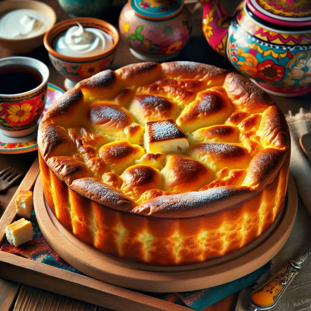 Golden baked tvorog zapekanka cheesecake dusted with icing sugar