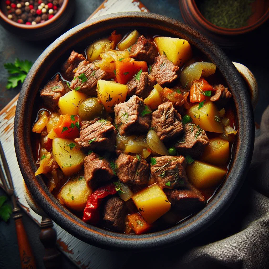 Rustic bowl of Belarusian zharkoe stew with tender meat, potatoes and carrots