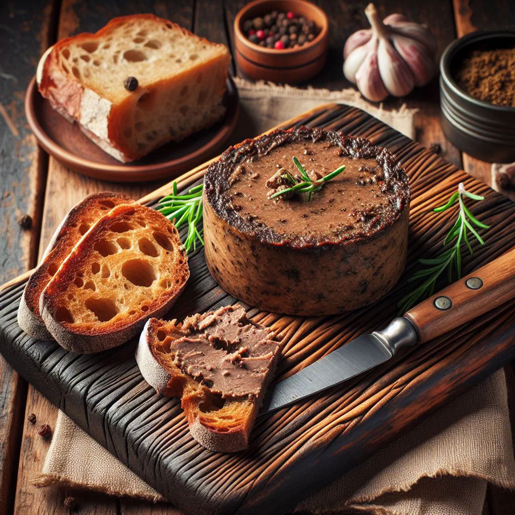 Sliced Ardennes pâté terrine on a wooden board with bread and pickles