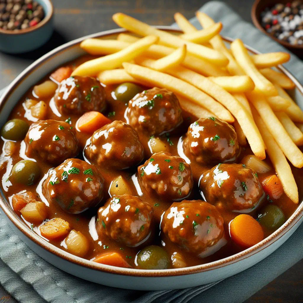 Belgian meatballs in a dark beer sauce served with chips
