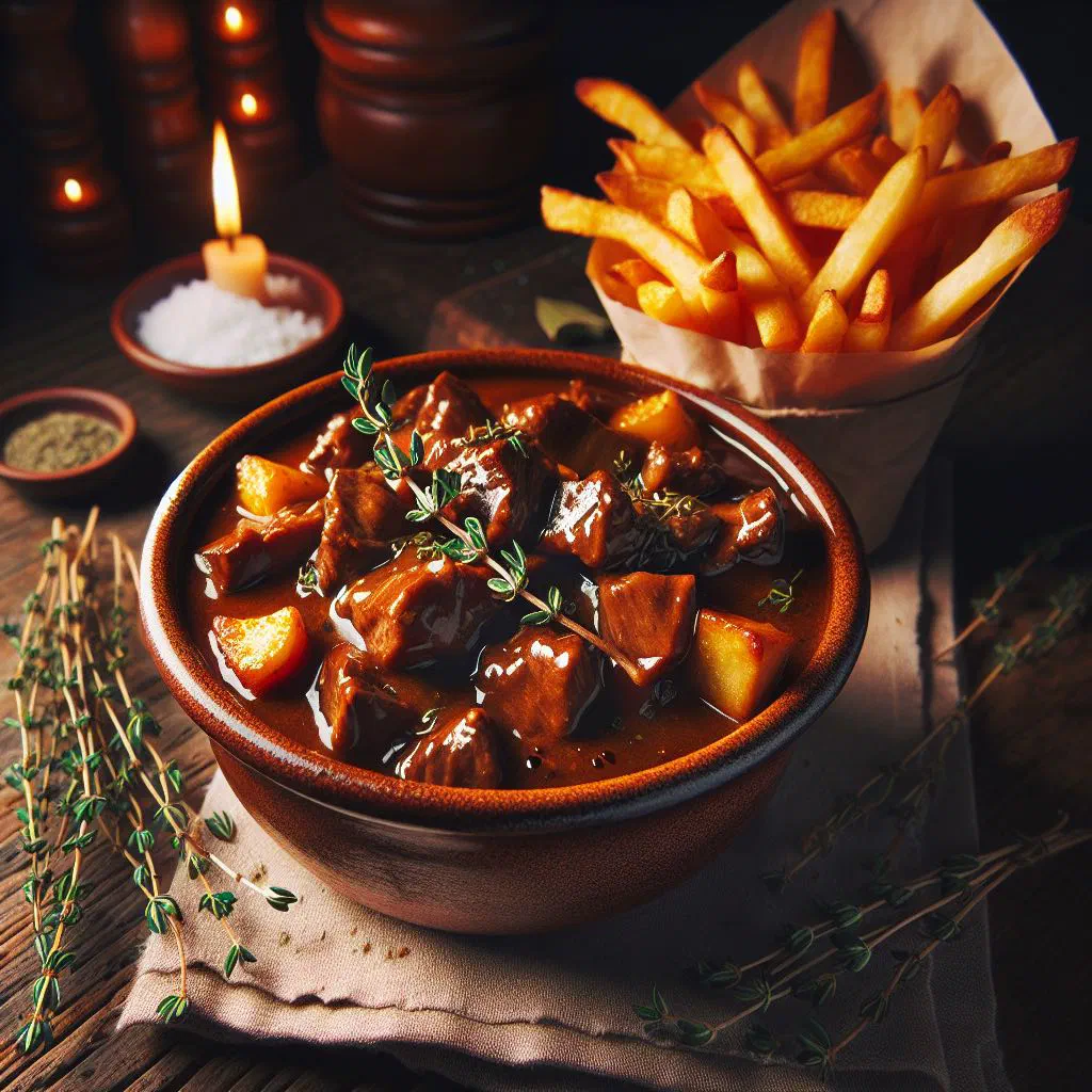 Rich Flemish beef and beer stew in a pot with crusty bread