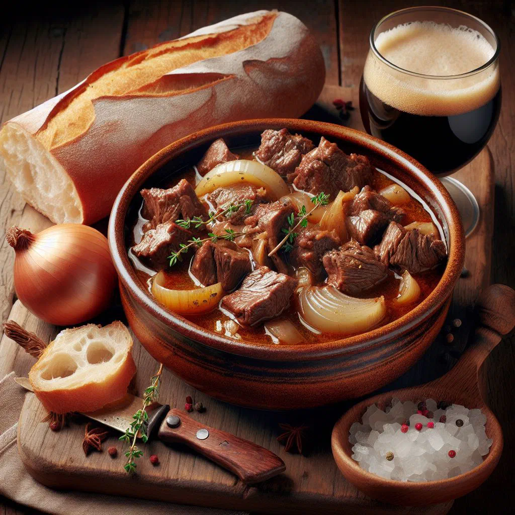 Flemish beef and beer stew with onions in a dark, glossy sauce