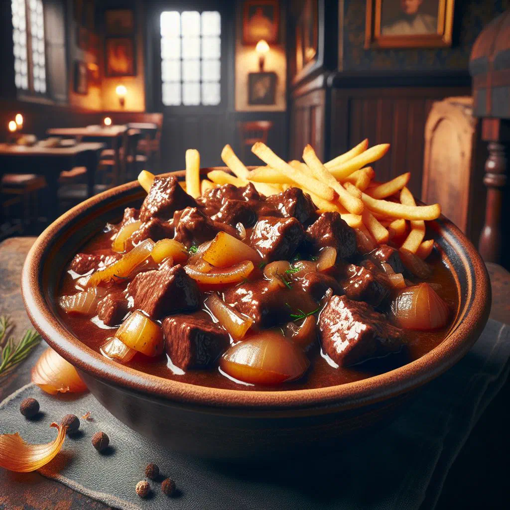Rich Flemish beef and beer stew in a rustic bowl with crusty bread