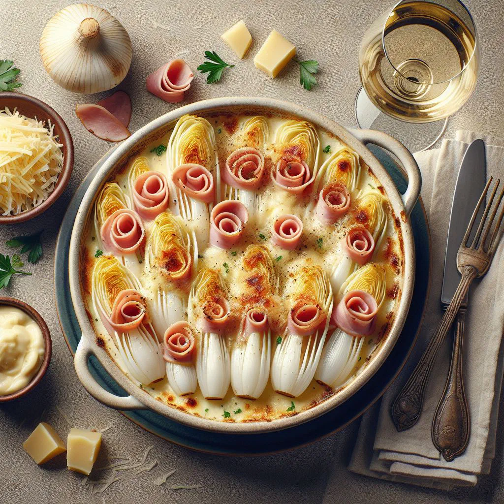 Baked chicory in a golden cheese sauce, served in a gratin dish