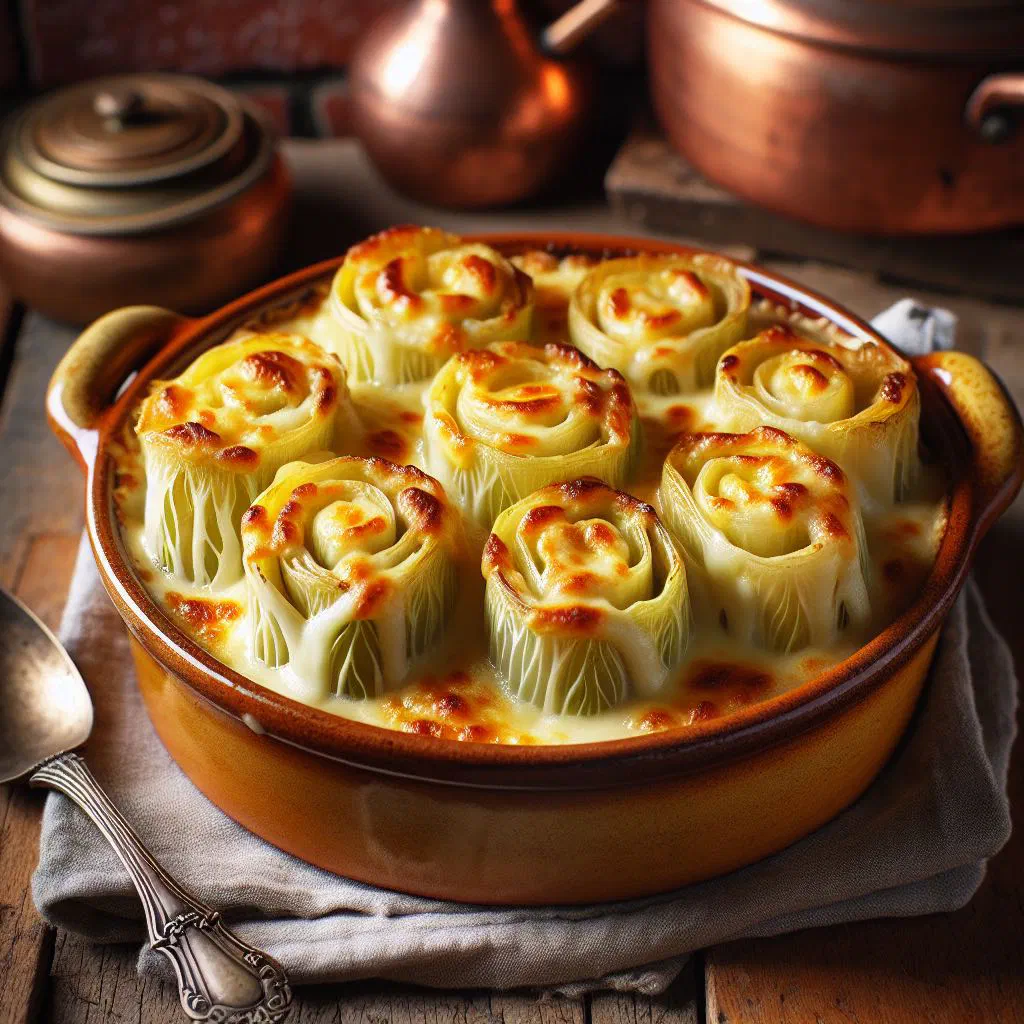 Baked chicory wrapped in ham under a golden cheese sauce in a gratin dish