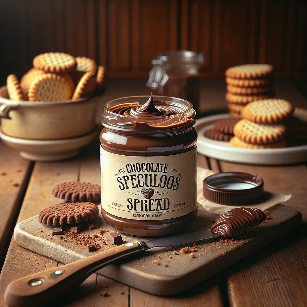 Jar of chocolate speculaas spread with speculaas biscuits and fresh bread