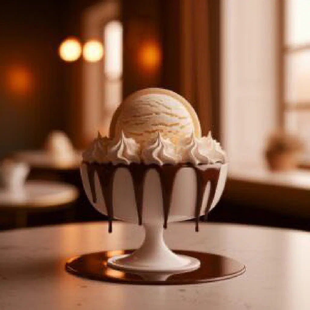 Dame Blanche with vanilla ice cream, warm chocolate sauce and whipped cream
