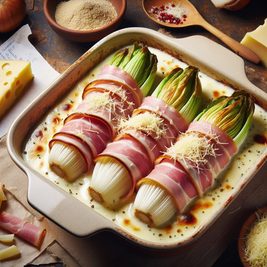 Baked chicory gratin in a dish under a golden cheese crust