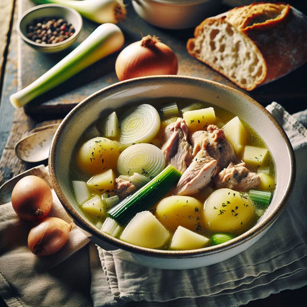 Bowl of Gentse Waterzooi with chicken, vegetables and creamy broth